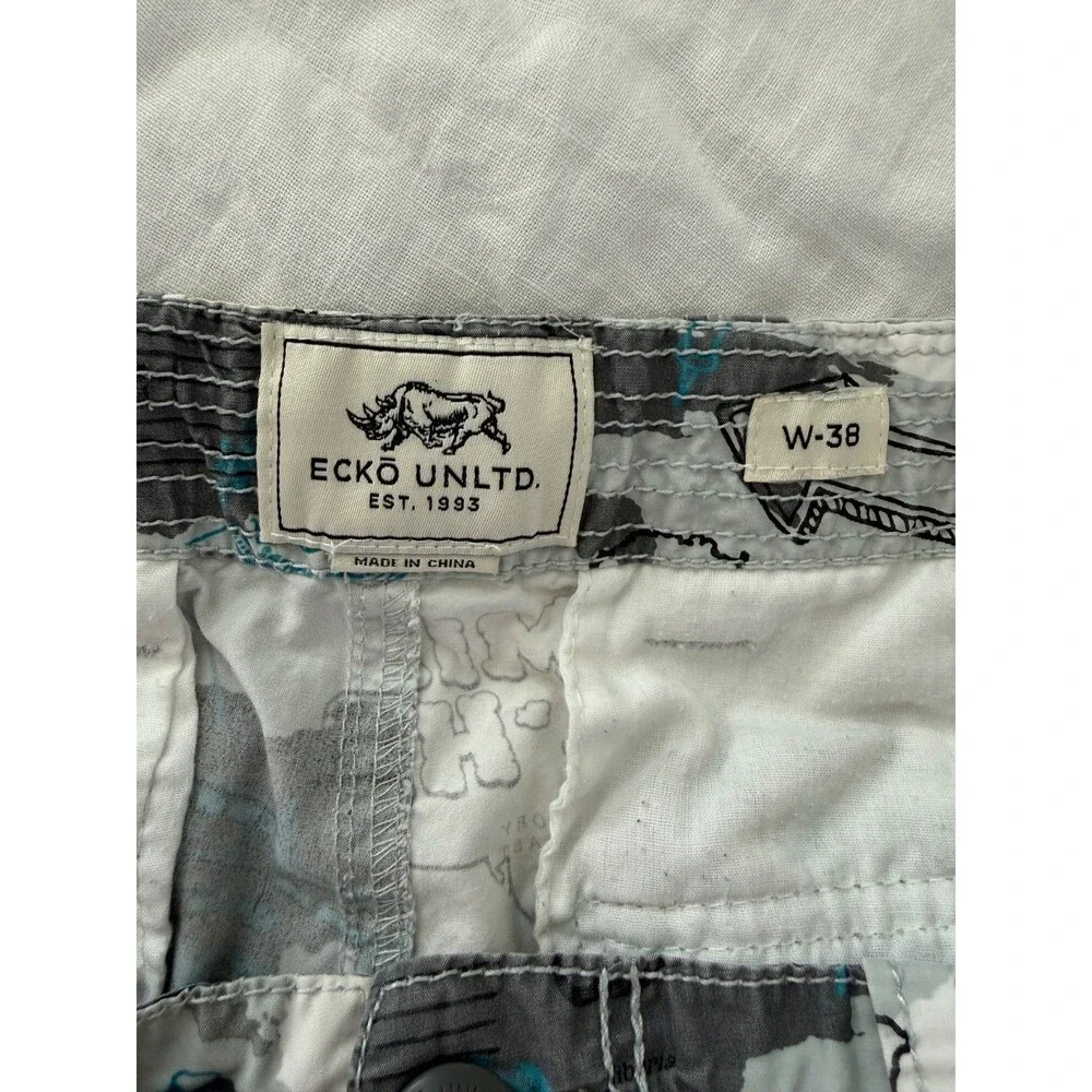 Y2K Ecko Unltd Cargo Shorts Men 38 Mile High All Over Print WhiteBlue Gray White
